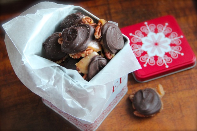 Salted Dark Chocolate Caramel Pecan Turtles