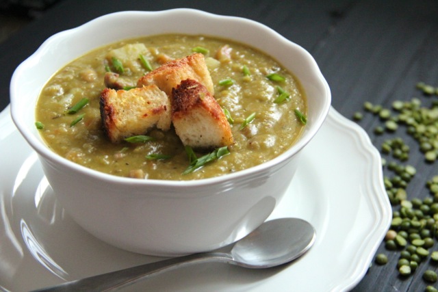 Hearty Split Pea Soup with Lemon & Olive Oil Croutons