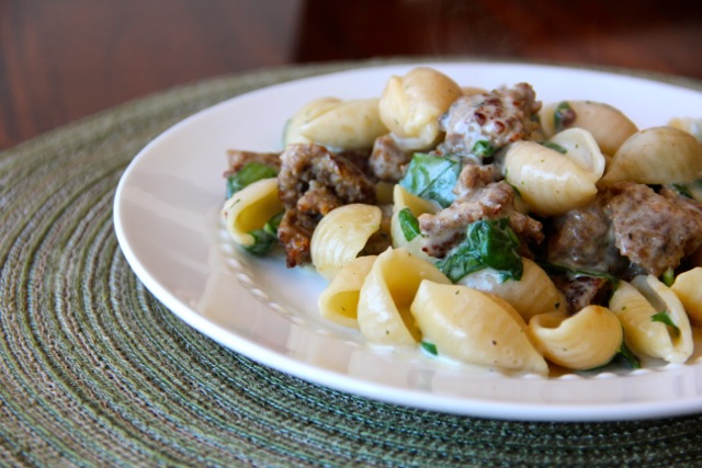 Creamy Roasted Garlic Pasta with Spinach & Sausage via Alaska from Scratch