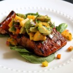 Sugar-Crusted Salmon with Avocado Peach Salsa